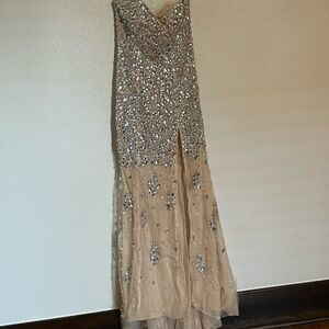 Jovani Beaded Fitted Strapless Slit Gown (Silver/Nude)